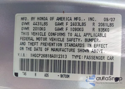 2008 Honda Accord 2.4 Ex-L from USA, damaged, VIN 1HGCP26818A012313